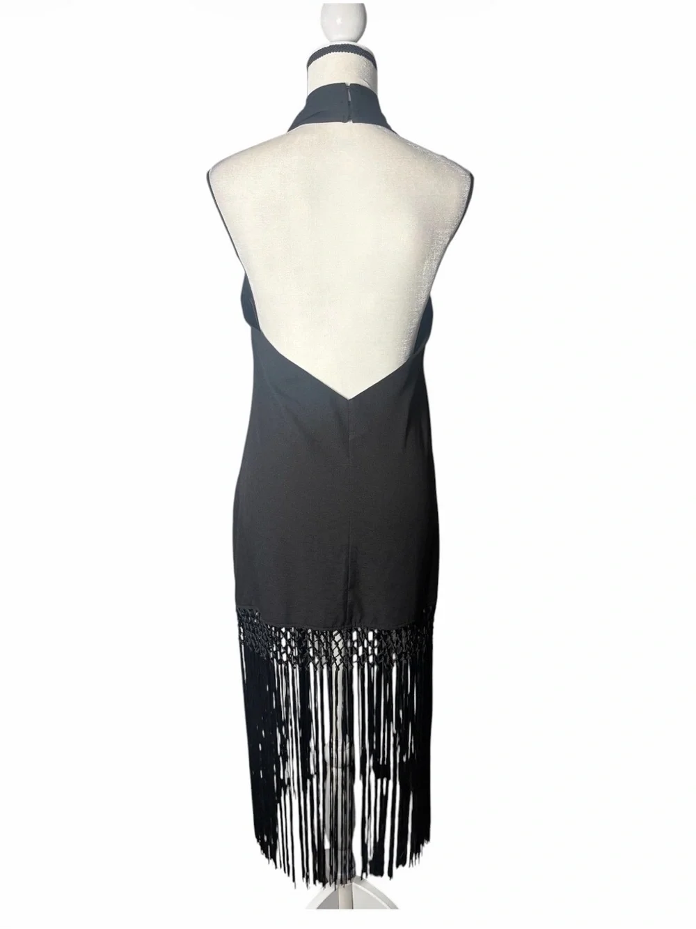Commense Capri Fringed Open Back Black Halter Mini Dress (Size S)